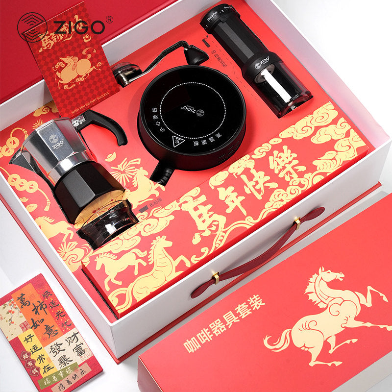 ZIGO Double Valve Moka Pot New Year Gift Set, Complete Coffee Kit for Housewarming & Gifting