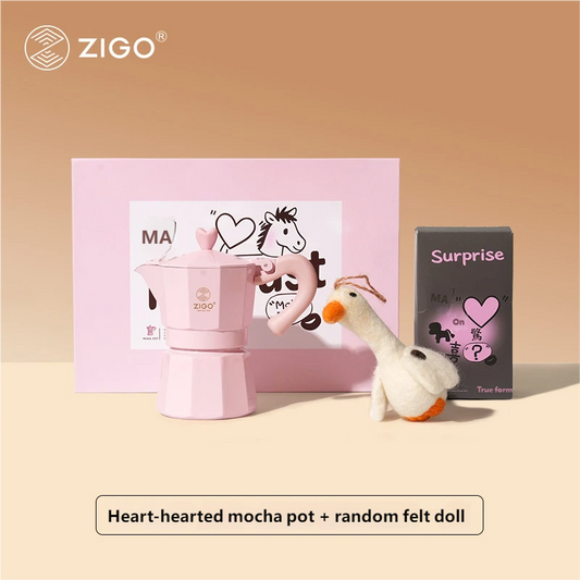 ZIGO Moka Pot Limited Gift Box | Single Valve Heart-Shaped Coffee Pot, Pink Cute Style, Random Surprise Doll Inside